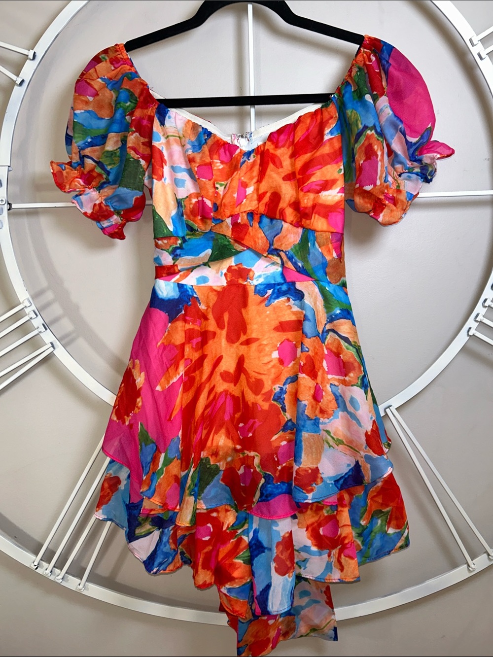 Luxxel Vibrant Abstract Floral Puff Sleeve Ruffle Romper